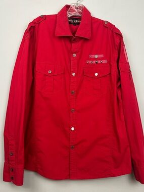 House of Lords Red Embellished Military Style Ling Sleeve Snap Button Shirt L
